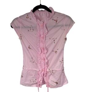 Vintage Y2K Pink Ditsy Floral Embroidered Ruffle Button Up Short Sleeve Blouse